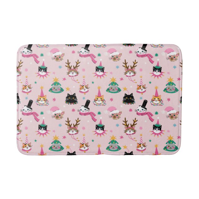 Festive Cat Faces in Holiday Hats Pattern Bath Mat (Front)