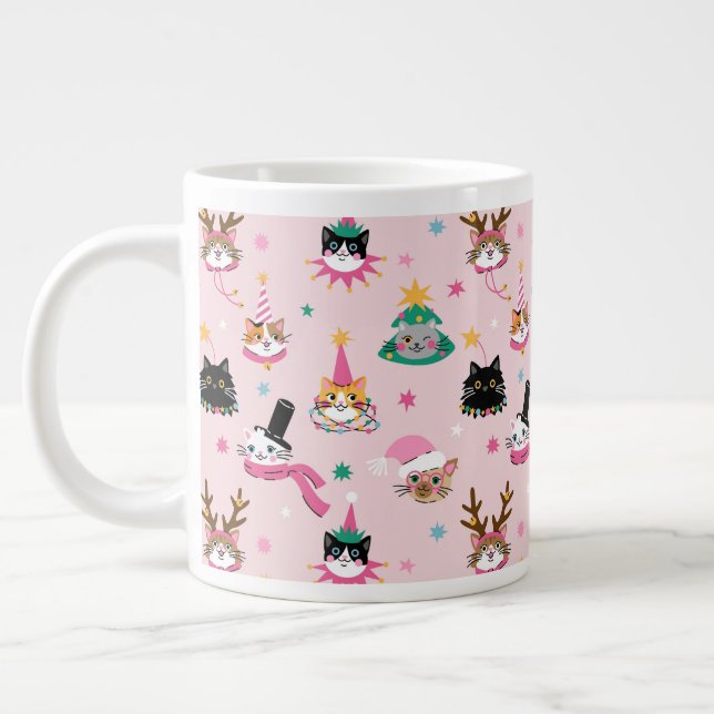 Festive Cat Faces in Holiday Hats Pattern Giant Coffee Mug (Left)
