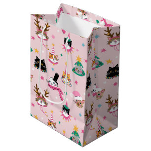 Festive Cat Faces in Holiday Hats Pattern Medium Gift Bag