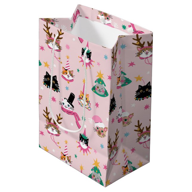 Festive Cat Faces in Holiday Hats Pattern Medium Gift Bag (Front Angled)