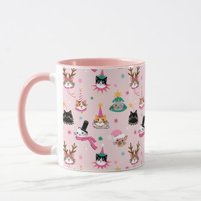 Festive Cat Faces in Holiday Hats Pattern Mug (Left)