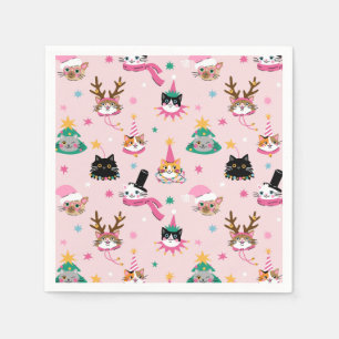Festive Cat Faces in Holiday Hats Pattern Napkins