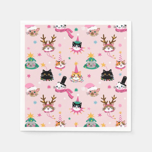 Festive Cat Faces in Holiday Hats Pattern Napkins (Front)