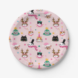 Festive Cat Faces in Holiday Hats Pattern Paper Plates