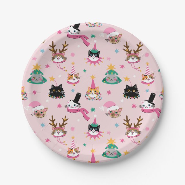 Festive Cat Faces in Holiday Hats Pattern Paper Plates (Front)