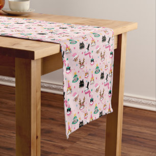 Festive Cat Faces in Holiday Hats Pattern Short Table Runner