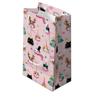 Festive Cat Faces in Holiday Hats Pattern Small Gift Bag