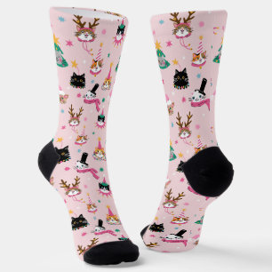 Festive Cat Faces in Holiday Hats Pattern Socks