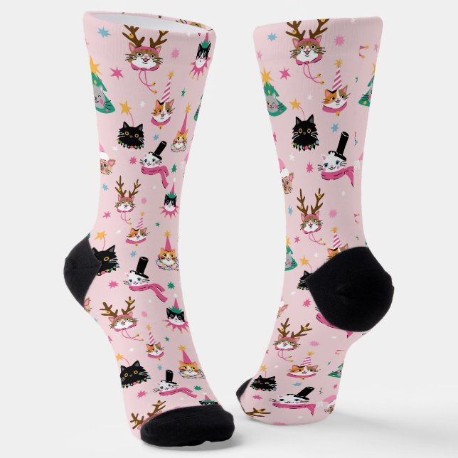 Festive Cat Faces in Holiday Hats Pattern Socks (Angled)