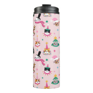 Festive Cat Faces in Holiday Hats Pattern Thermal Tumbler