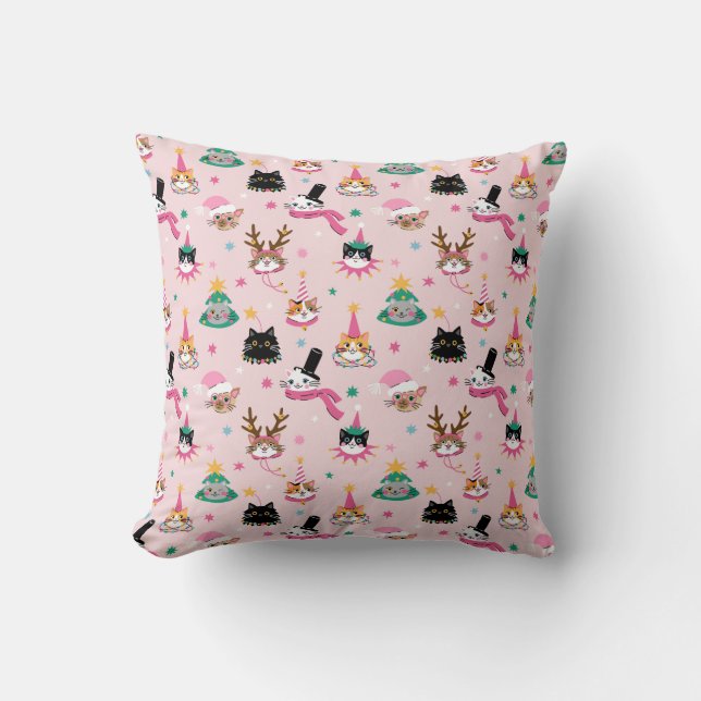 Festive Cat Faces in Holiday Hats Pattern Throw Pillow (Front)