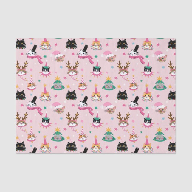 Festive Cat Faces in Holiday Hats Pattern Tissue Paper (Front)