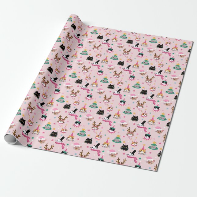 Festive Cat Faces in Holiday Hats Pattern Wrapping Paper (Unrolled)