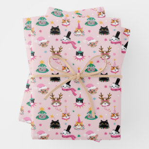 Festive Cat Faces in Holiday Hats Pattern Wrapping Paper Sheets
