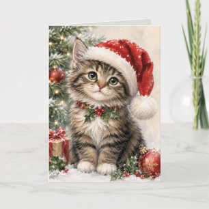 Festive Cat in Santa Hat Christmas Card