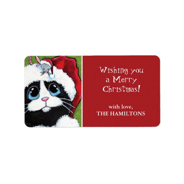 Festive Cat & Mouse Christmas Gift Tag Labels (Front)