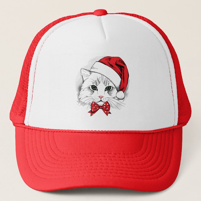Festive Cat Trucker Hat (A trucker-style hat with a white front panel and a red bill and mesh back. )