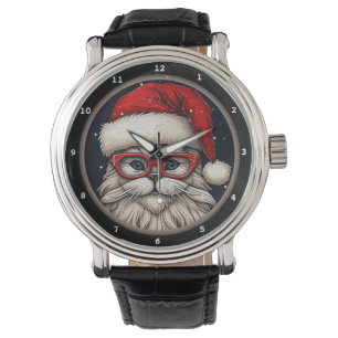 Festive Cat Wearing Santa Hat Watch