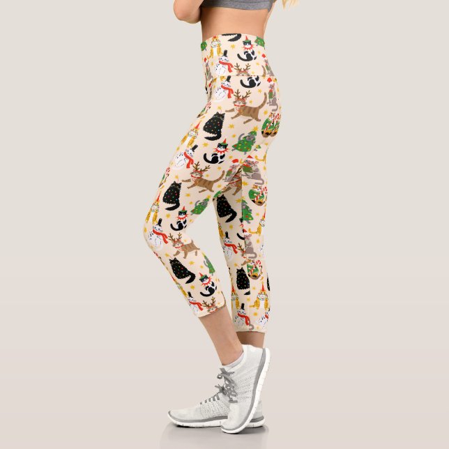 Festive Cats Christmas Pattern Capri Leggings (Left)