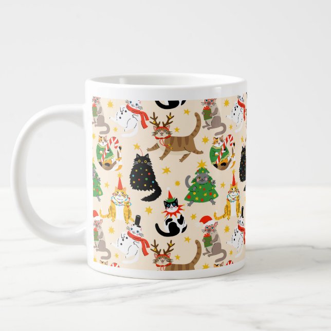 Festive Cats Christmas Pattern Giant Coffee Mug (Left)