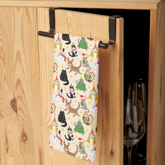 Festive Cats Christmas Pattern Kitchen Towel (Thirds Fold)
