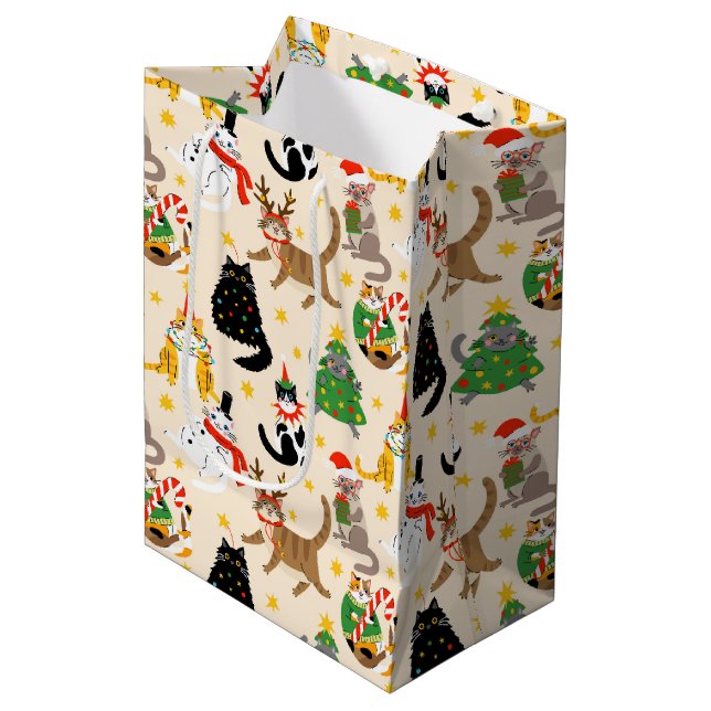 Festive Cats Christmas Pattern Medium Gift Bag (Front Angled)