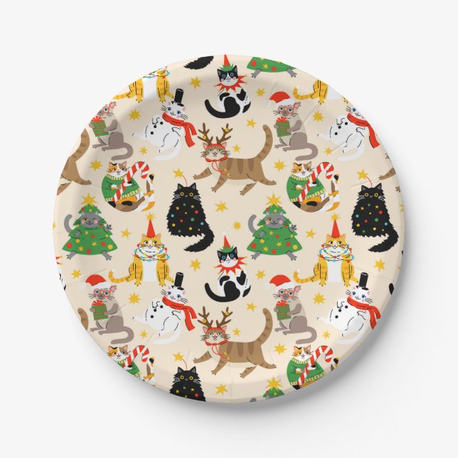 Festive Cats Christmas Pattern Paper Plates (Front)