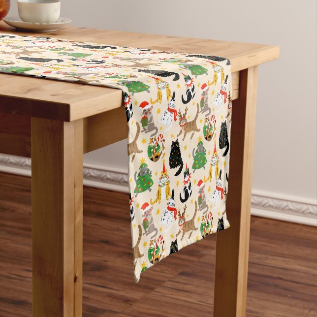 Festive Cats Christmas Pattern Short Table Runner (In Situ)