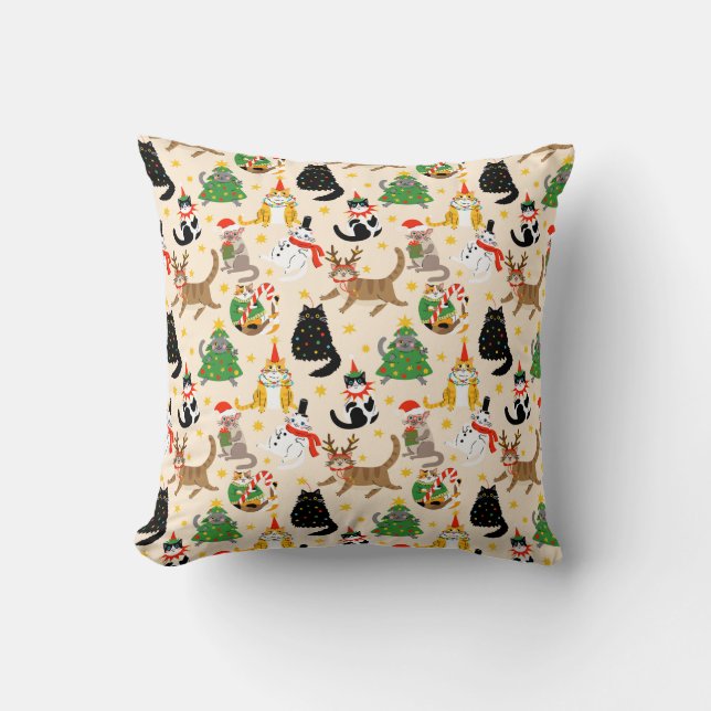 Festive Cats Christmas Pattern Throw Pillow (Front)