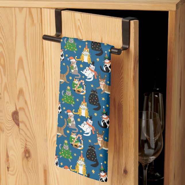 Festive Cats in Christmas Costumes Pattern Kitchen Towel (Thirds Fold)