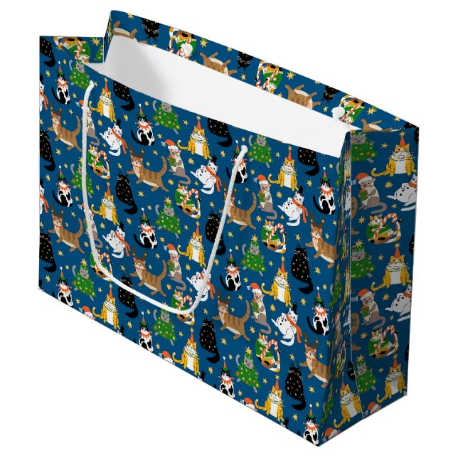 Festive Cats in Christmas Costumes Pattern Large Gift Bag (Front Angled)