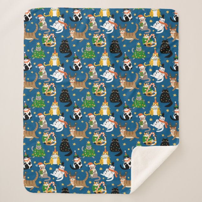 Festive Cats in Christmas Costumes Pattern Sherpa Blanket (Front)