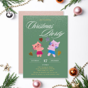 Festive cats moss green Christmas party Invitation