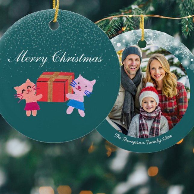 Festive cats w gift box dark green Christmas photo Ceramic Ornament (Creator Uploaded)