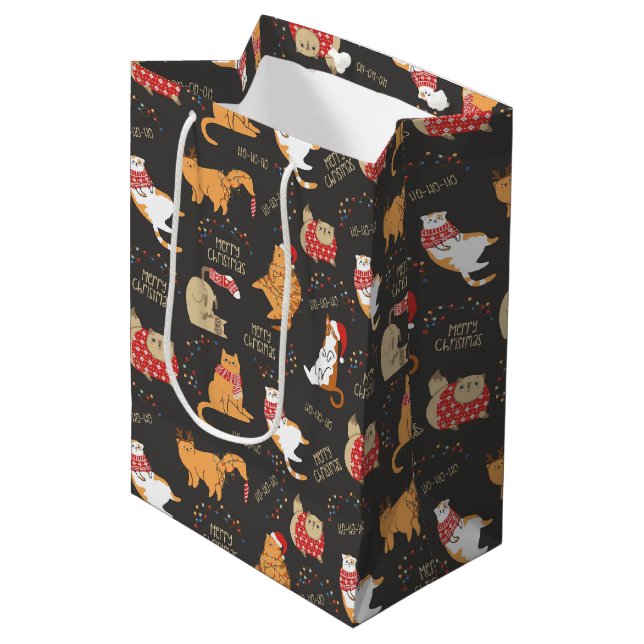 Festive Cats with Lights Christmas Pattern Medium Gift Bag (Front Angled)