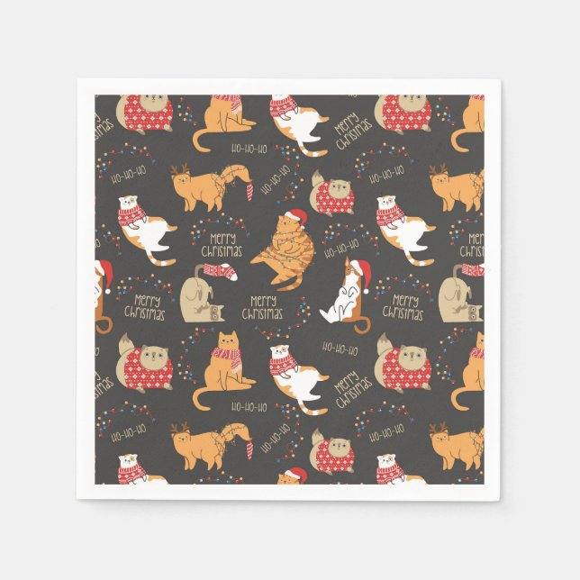 Festive Cats with Lights Christmas Pattern Napkins (Front)