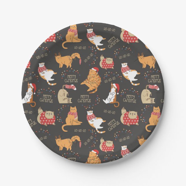 Festive Cats with Lights Christmas Pattern Paper Plates (Front)