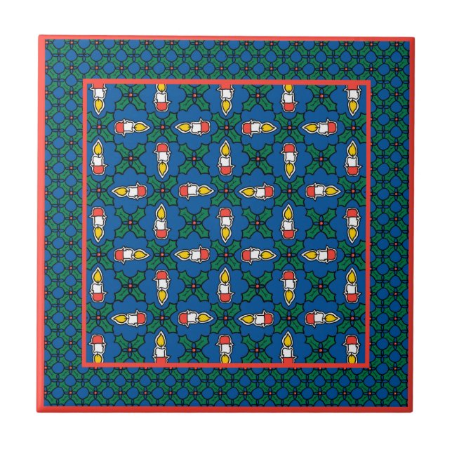 Festive Ceramic Tile, Christmas Holly and Candles Tile (Front)