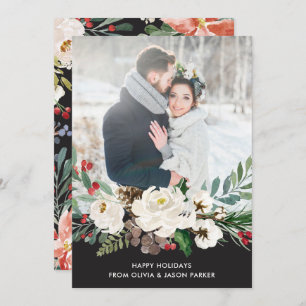 Festive Charcoal Floral Christmas Photo Card
