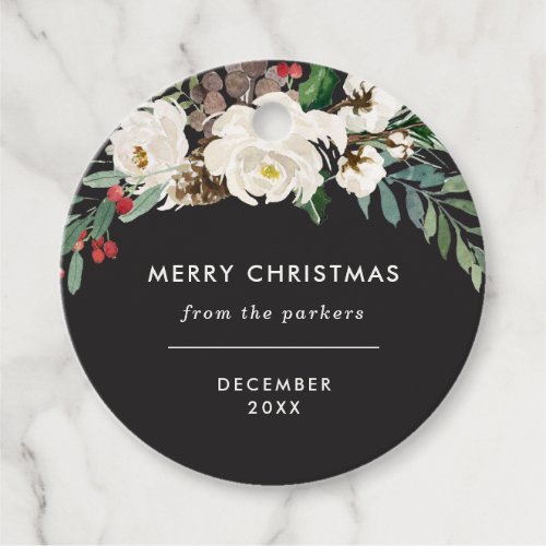 Festive Charcoal Floral  Merry Christmas Favor Tags