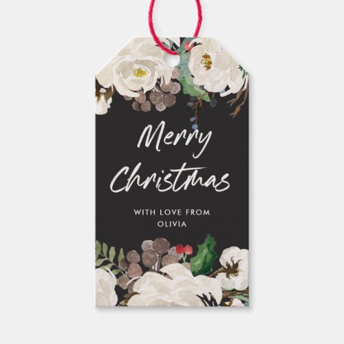 Festive Charcoal Floral  Merry Christmas Gift Tags