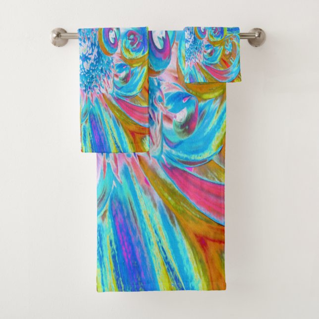 Festive Chartreuse and Blue Dahlia Flower Petals Bath Towel Set (Insitu)