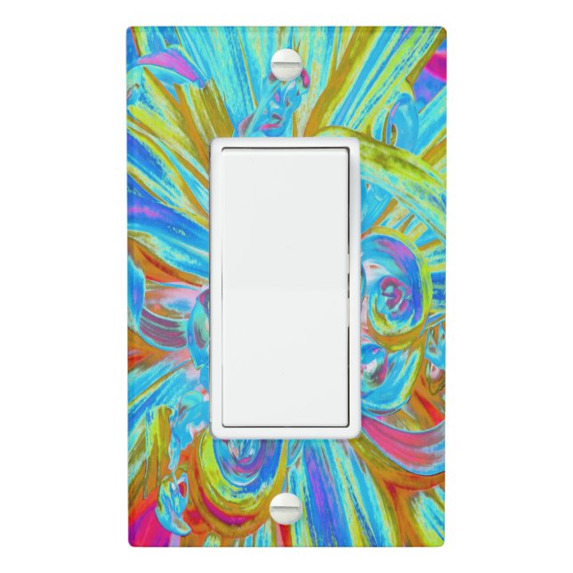 Festive Chartreuse and Blue Dahlia Flower Petals Light Switch Cover (In Situ)