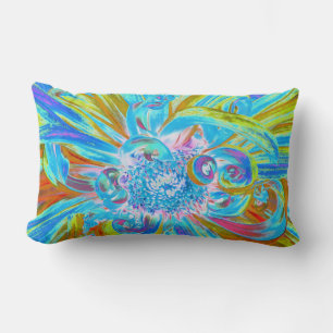 Festive Chartreuse and Blue Dahlia Flower Petals Lumbar Pillow