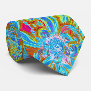 Festive Chartreuse and Blue Dahlia Flower Petals Neck Tie