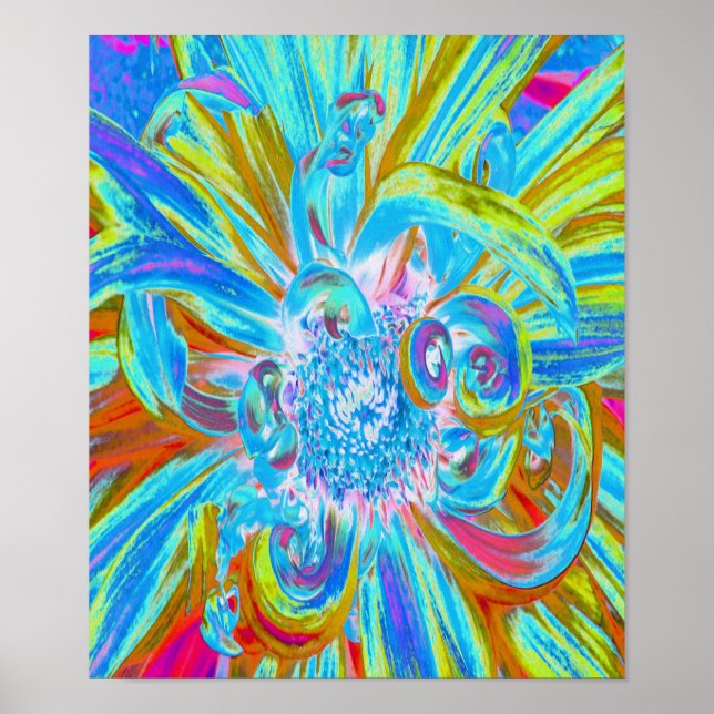 Festive Chartreuse and Blue Dahlia Flower Petals Poster (Front)