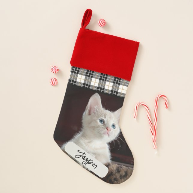 Festive Checker Plaid Pet Cat Photo Christmas  Christmas Stocking (Front)