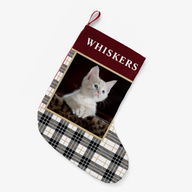 Festive Checker Plaid Pet Cat Photo Christmas  Small Christmas Stocking (Front (Hanging))