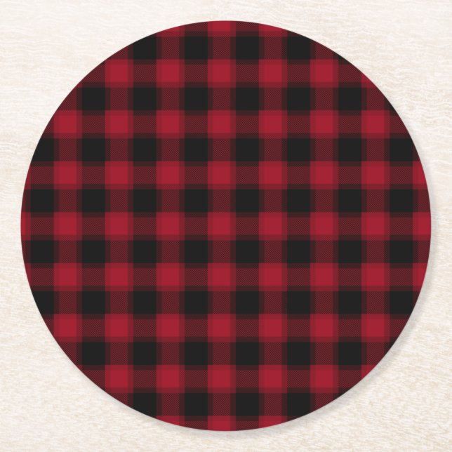 Festive Checkered Red & Black Plaid Pattern Round Paper Coaster (Front)