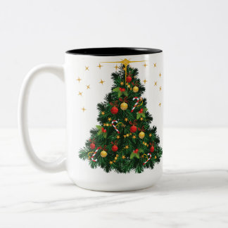 "Festive Cheer: Green and Gold Christmas Tree Mug" Two-Tone Coffee Mug